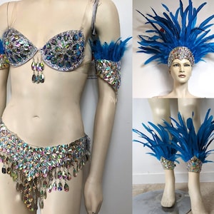 Feather Carnival full set AB  Crystal belt and Bra arm and leg pieces samba showgirl Made and shipped from the USA