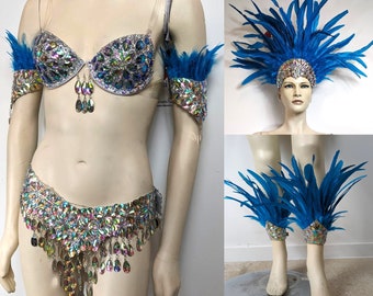 Conjunto completo de carnaval de plumas, cinturón de cristal AB y sujetador, piezas para brazos y piernas, showgirl de samba. Fabricado y enviado desde EE. UU.