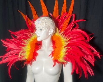 Red Orange and Yellow Fire Colors Phoenix Feather Collar Piece and feather  tail bustle carnival samba pageant hora locaShawl