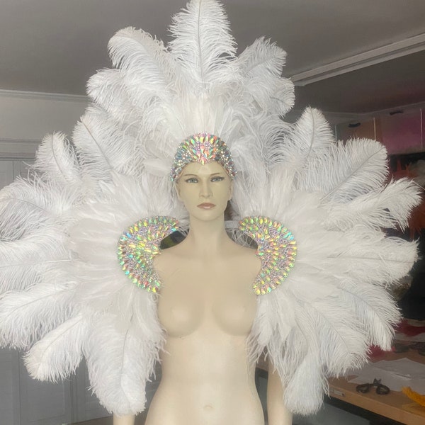 Rihanna inspired white feathers rhinestone Samba Costume Angel Wings Fantasy Fest Carnival Showgirl Set Hora Loca