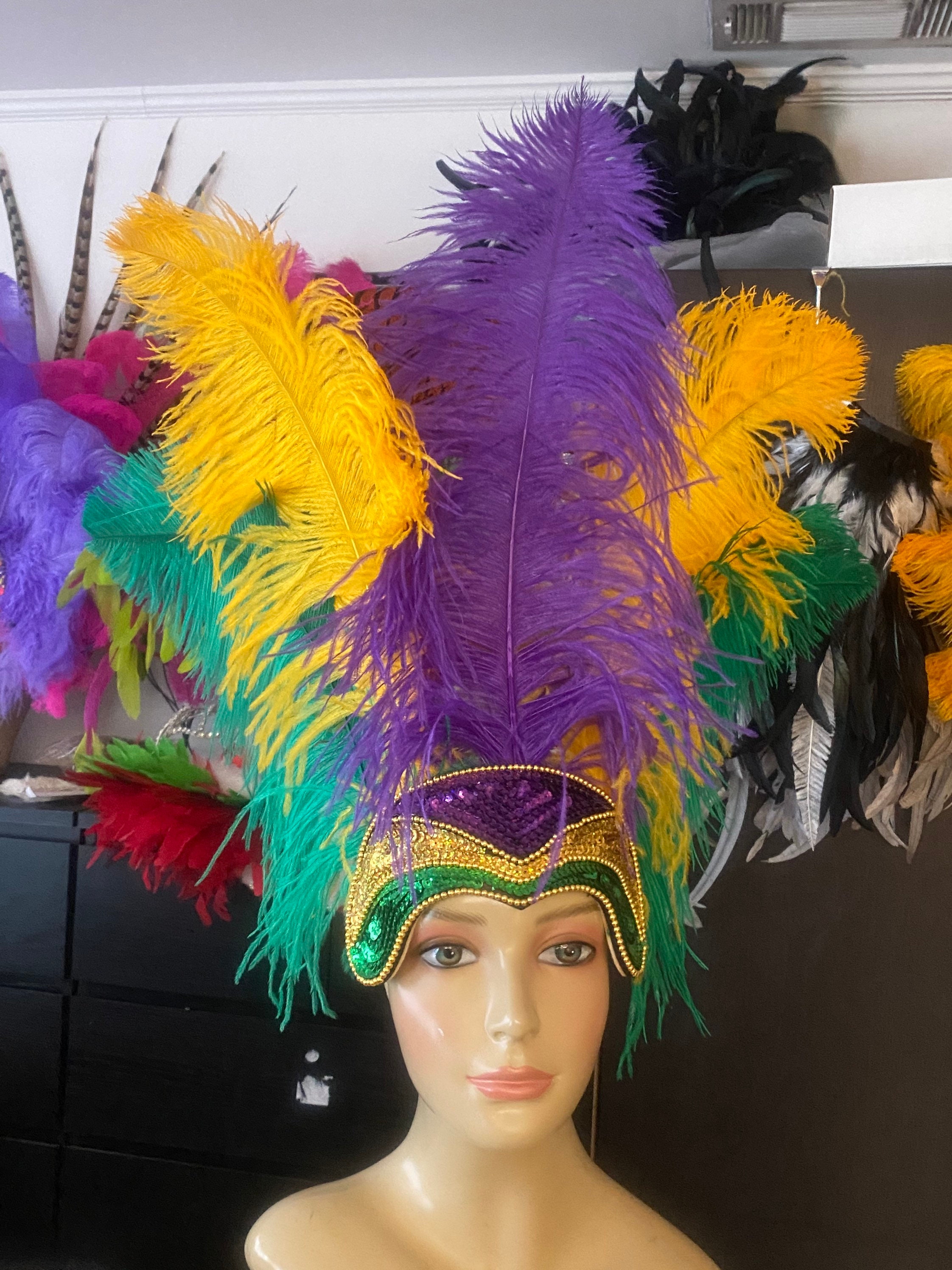 FeatherHappy Mardi Gras Prime Ostrich Plumes Feather Carnival Headdress Showgirl Gold Green and Purple