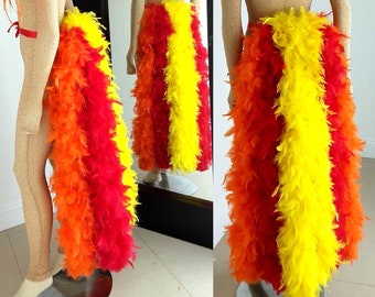 Fire Colors Phoenix long feather tail bustle carnival samba pageant hora loca red orange and yellow boas