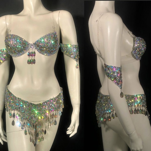Made in the USA ships from the USA Iridescent Crystal AB Carnival costume Set Crystal belt and Bra arm pieces samba showgirl outfit