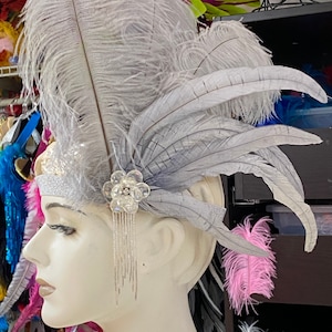 Gray Gatsby Fascinator Flapper headband Charleston glass beads applique vintage style ostrich and cocktail Feathers 1920&#39;s white