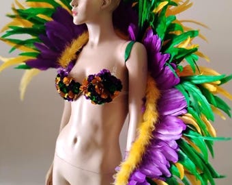 Mardi Gras Gold Purple and geen feather colors collar-arm piece MET gala Kendall Jenner inspiredShawl