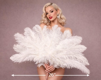 Ostrich Feather Fan – Burlesque Showgirl Dance Fan – Vintage Gatsby Costume Fan – Wedding, Carnival Feather Fan – Multiple Colors