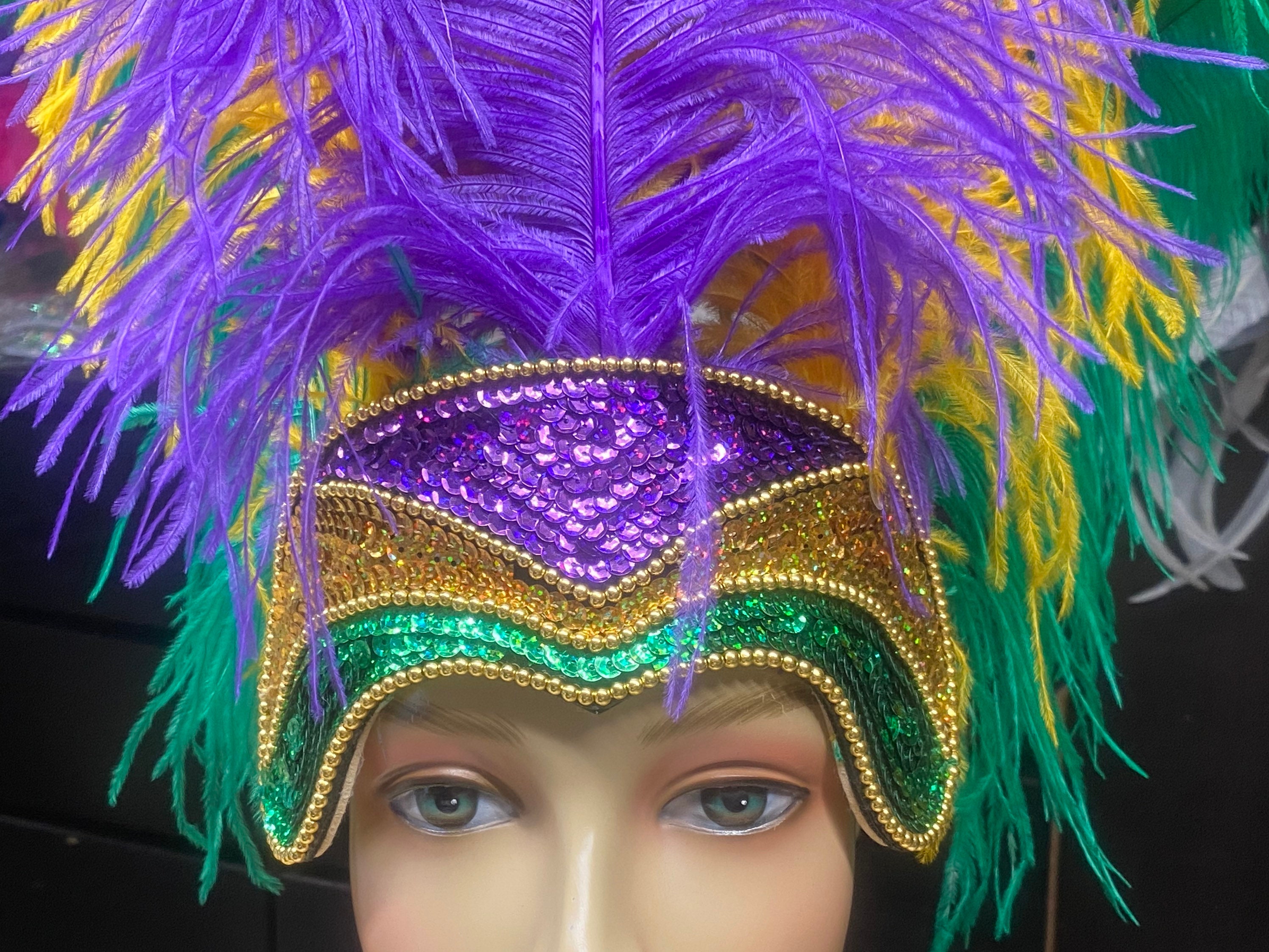 Mardi Gras Prime Ostrich Plumes Feather Carnival Headdress Showgirl Gold  Green and Purple 
