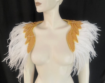 Hombreras de plumas de avestruz con diamantes de imitación dorados, piezas para los hombros de bailarina, disfraz de carnaval o concurso de belleza.