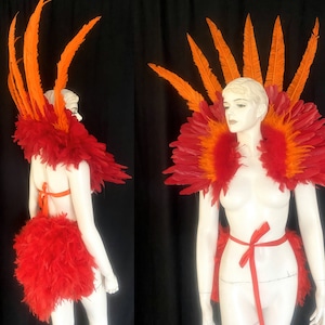 Fire red orange Samba Costume feather Piece Angel  Wings Feather Fantasy Fest Carnival Showgirl Set WFF Collar Tail