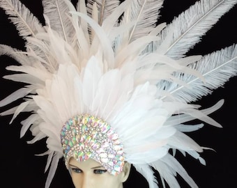 White large carnival headpiece showgirl samba crystal rhinestone crown prime feathers