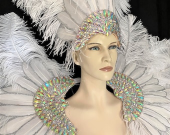 Rihanna inspired white feathers rhinestone Samba Costume Angel Wings Fantasy Fest Carnival Showgirl Set Made in the USA