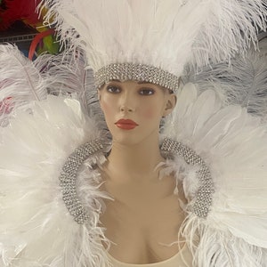 Clear crystal Rihanna inspired white feathers Samba Costume Angel Wings Fantasy Fest Carnival Showgirl Set Hora Loca