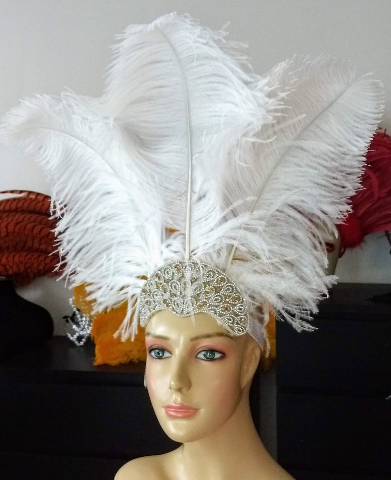 White Medium Ostrich Feathers Carnival Headdress Headpiece | Etsy