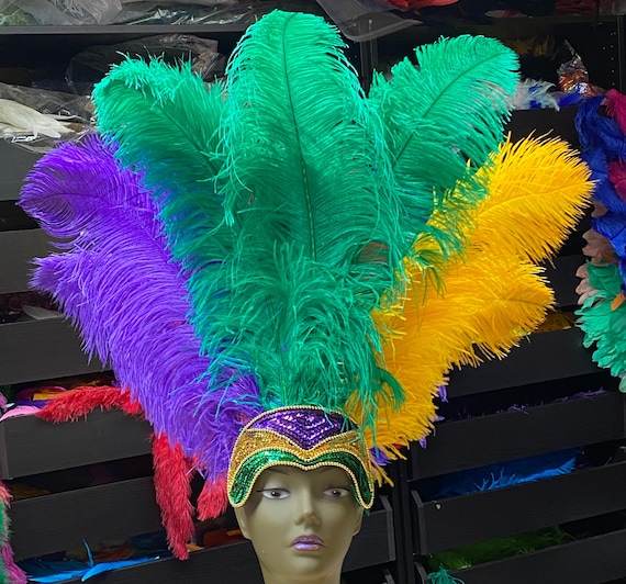 Mardi Gras Prime Ostrich Plumes Feather Carnival Headdress Showgirl Gold  Green and Purple -  Israel