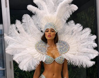 Rihanna inspired white ostrich feathers rhinestone Samba Costume Angel Wings Fantasy Fest Carnival Showgirl Set Hora Loca