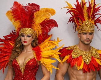 Carnival Feather Headdress and Shoulder Collar Set, Custom Color Showgirl Showman Costume, Festival Headpiece, Parade, Samba red gold