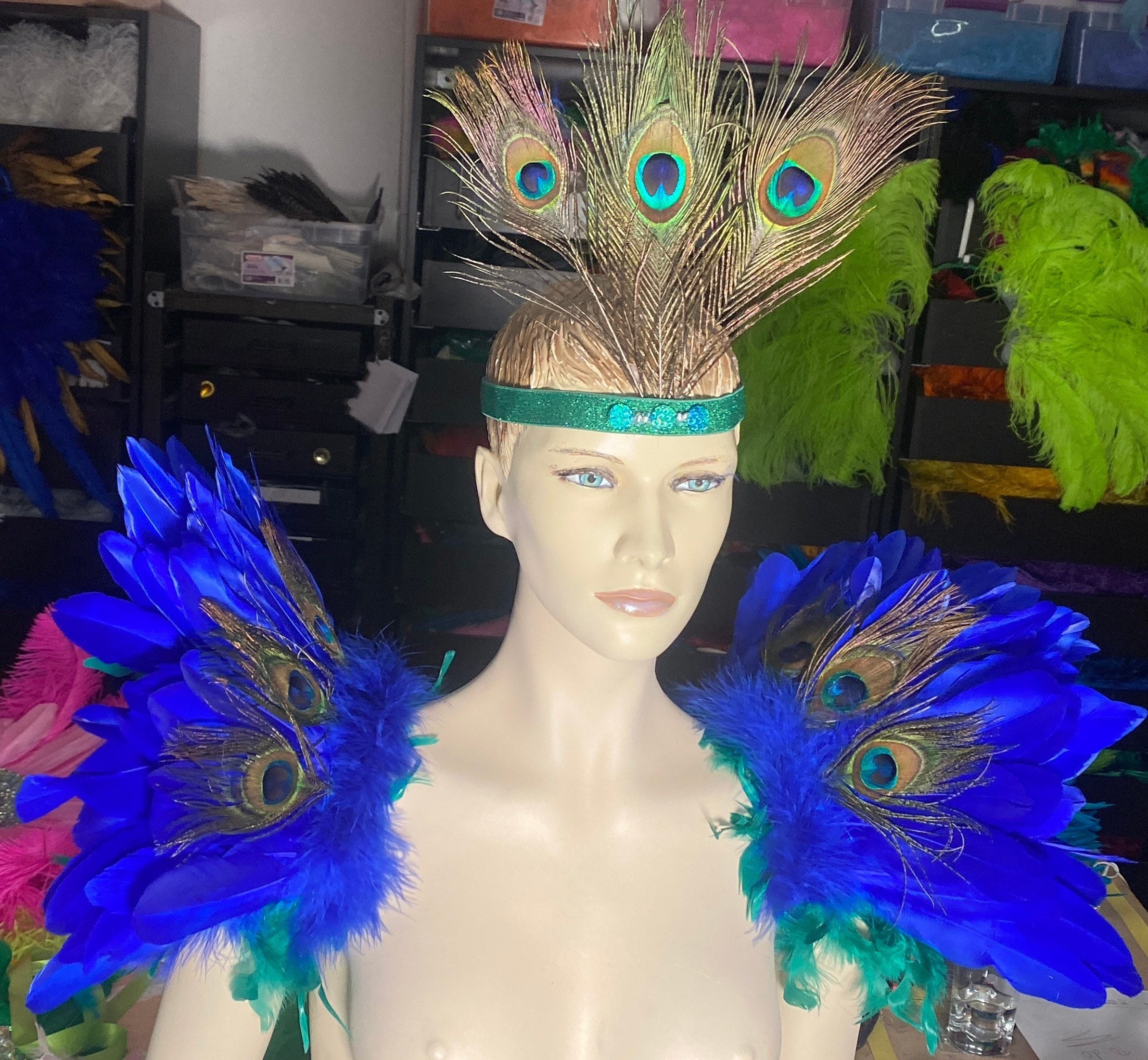 Corona de plumas para disfraz de pavo real, diadema india, tocado  decorativo para espectáculo de baile, Carnaval y Halloween