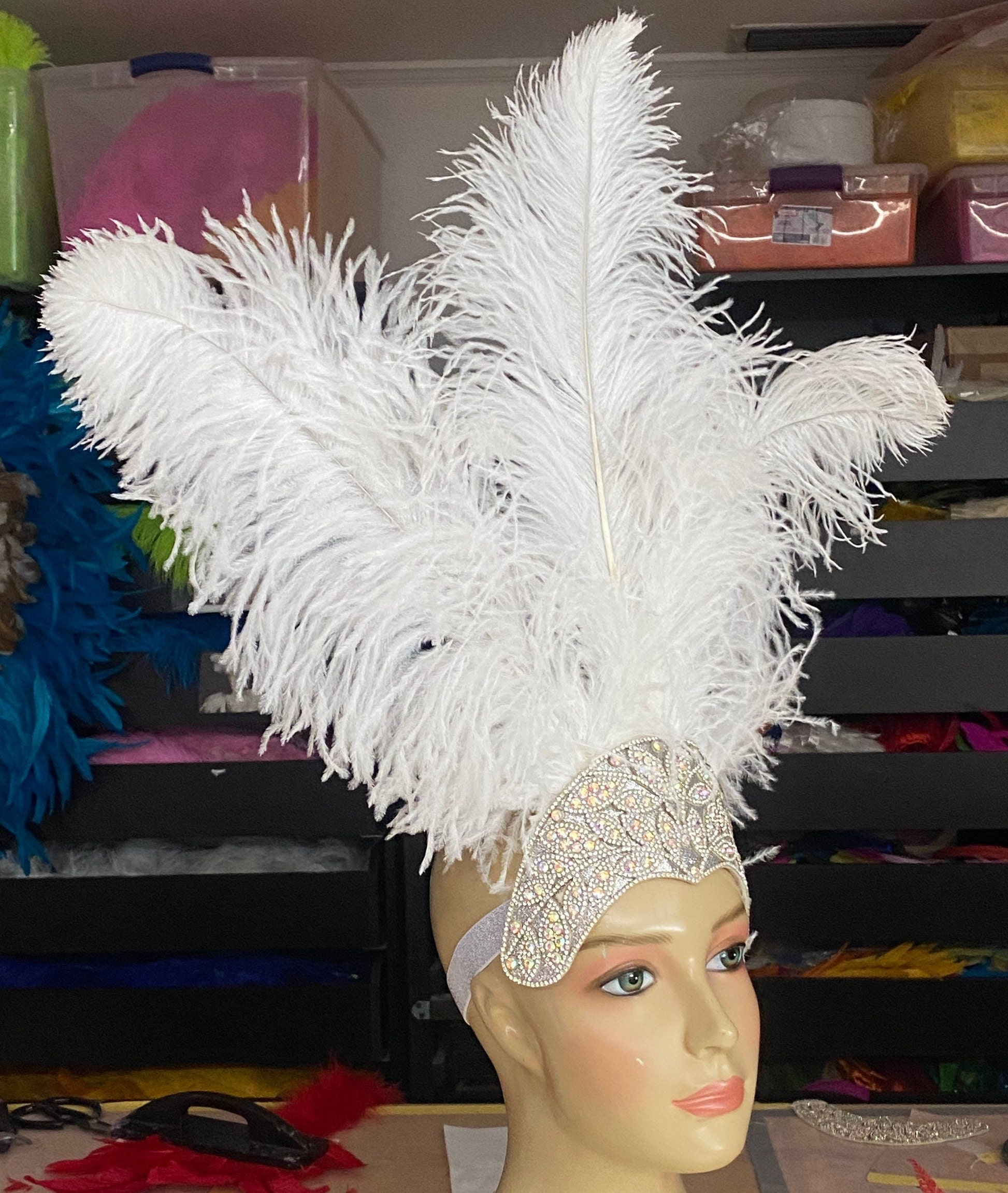 White Medium Ostrich Feathers Carnival Headdress Headpiece - Etsy