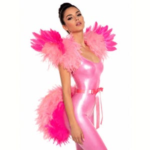 Può includere: Un body rosa lucido senza maniche con una cintura in nastro di raso abbinata in vita. Il capo è decorato con voluminose piume rosa acceso e rosa chiaro intorno alle spalle e una grande coda di piume applicata sul retro.