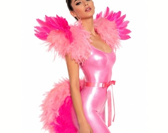 Flamingo Costume Wings Tail Headdress Pink Feather Bustle Boa Bird Costume Adult Women Showgirl Burlesque Tutu