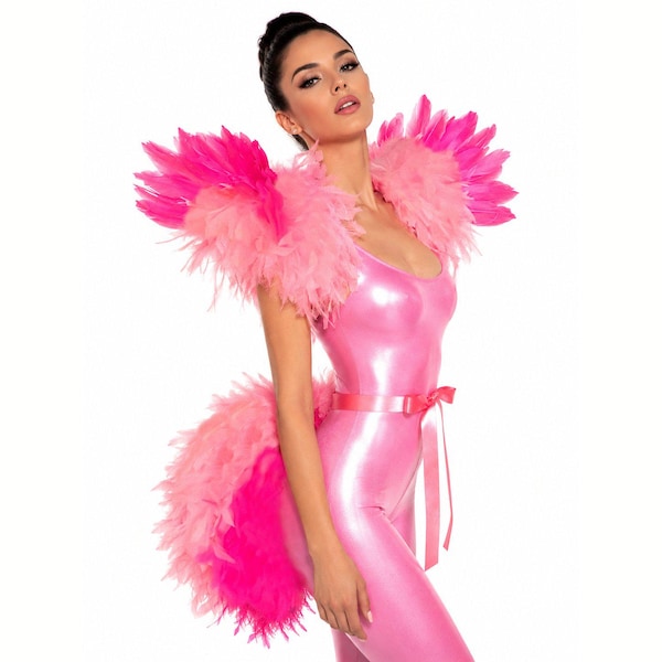 Costume da fenicottero con ali, coda, copricapo, boa di piume rosa, costume da uccello per donne adulte, showgirl, burlesque, tutù