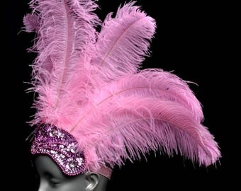 Headdress Floss Ostrich Feathers on a sequined crown many colors available red, yellow, blue, green gold, pink, purple, orange