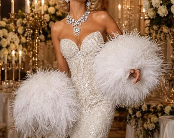 Ostrich Feather Arm Cuffs, Bridal Feather Sleeves, White Wedding Statement Accessory, Gala Party Wear