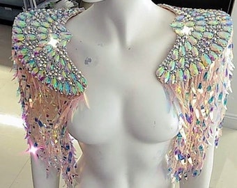 Iridescent Rhinestone Epaulettes - Festival Rave Shoulder Piece