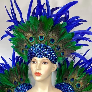 Copricapo con piume blu e verdi, spalline e coda, set per costume di carnevale, showgirl, burlesque, pietre di cristallo blu