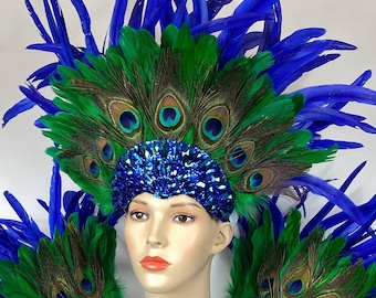 Peacock Carnival Costume Set – Feather Headdress, Epaulets, Arm Pieces & Feather Skirt – Samba Showgirl – Festival Feather Outfit