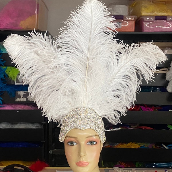 White Medium Ostrich Feathers Carnival Headdress Headpiece Rhinestone crystal crown Samba Vegas