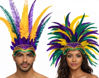 Mardi Gras Feather Headdress Sequin Crown Carnival Costume male female men headpiece Bustle