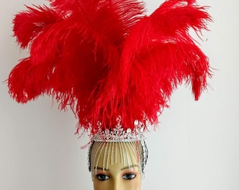 Red Feathers Samba headpiece feather Piece Fantasy Fest Carnival Showgirl Headpiece Vegas showgirl vintage style