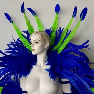 May include: A blue and green feather costume with a large blue feather boa and several green feathers with blue tips.