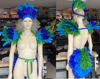 Blue turquoise and green Peacock Bird colors epaulet wings, tail, and headpiece costume Proudly made in the USA