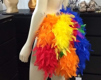 Abanico de cola de plumas económico multicolor arcoíris, cubierta trasera con cola de abanico, pieza trasera de plumas, polisón, boa, tutú, cinturón de plumas, DISFRAZ DE CORISTA BURLESQUE