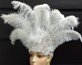 Headdress Floss Ostrich Feathers on a crystal crown many colors available Yellow Gold