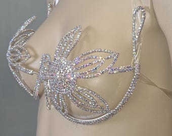 AB Crystal Showgirl Bra – Silver Wire Rhinestone Carnival Burlesque Costume Top B/C Cup Small Medium