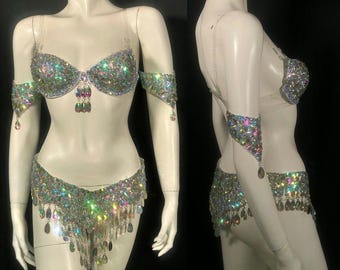 Made in the USA ships from the USA Iridescent Crystal AB Carnival costume Set Crystal belt and Bra arm pieces samba showgirl outfit