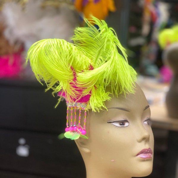 Fascinator Gatsby Flapper headband Charleston beads applique vintage style ostrich plumes and pink and lime green