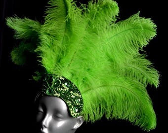 Headdress Floss Ostrich Feathers on a sequined crown many colors available red, yellow, blue, green gold, pink, purple, orange