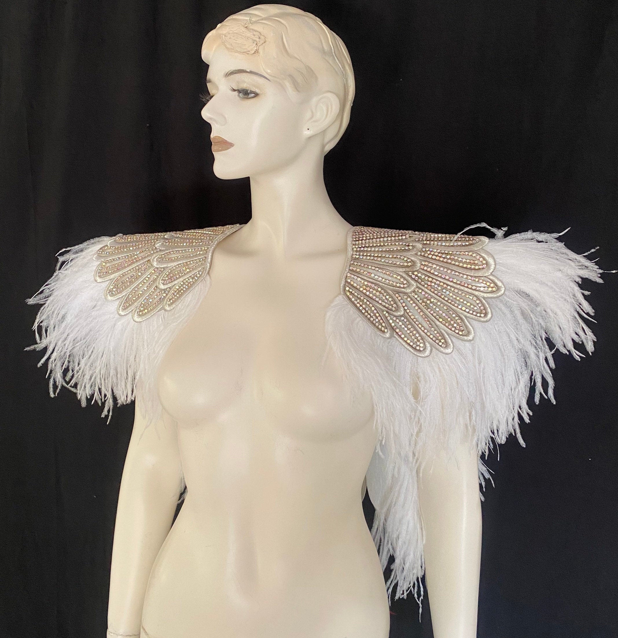 White Ostrich Feather Trim on a Large Angel Wing Crystal