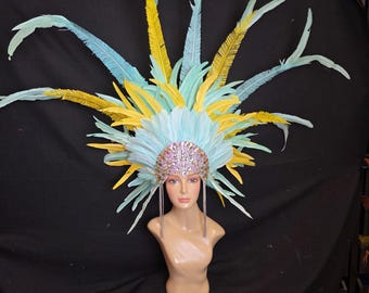 Large carnival festher headpiece showgirl samba crystal rhinestone crown prime ostrich feathers