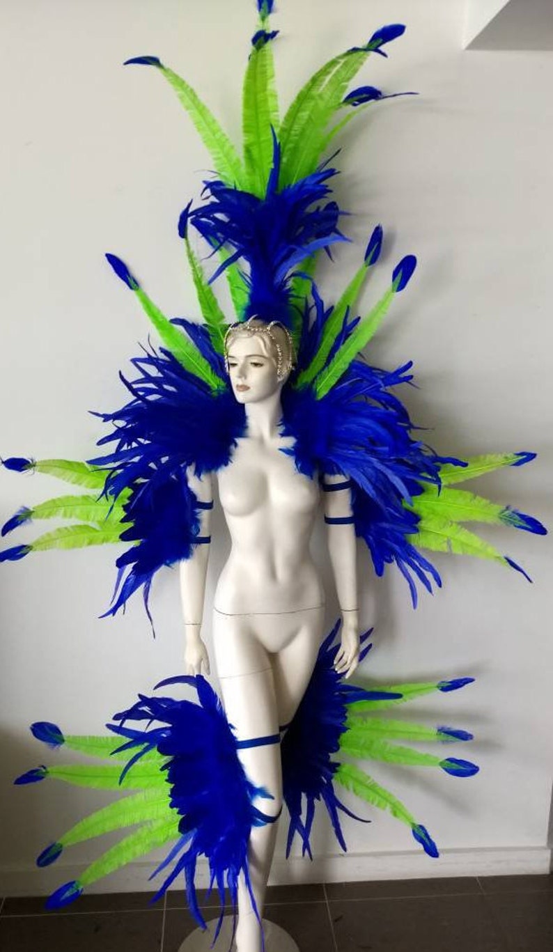 May include: A blue and green feather costume with a headpiece, shoulder pieces, and leg pieces. The costume is made of feathers and is designed for a performance or party.