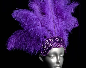Headdress Floss Ostrich Feathers on a sequined crown many colors available red, yellow, blue, green gold, pink, purple, orange