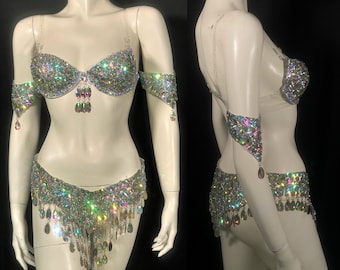 Iridescent Crystal AB Carnival costume Set Crystal belt and Bra arm pieces samba showgirl outfit Made in the USA and Ship from the USA