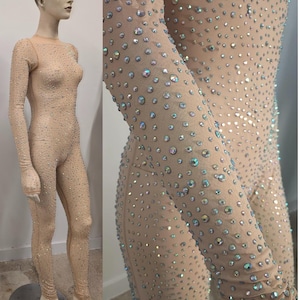 Professional Crystal AB Iridescent Rhinestone Bodysuit Mesh Beaded Catsuit, Small and Medium Unitard