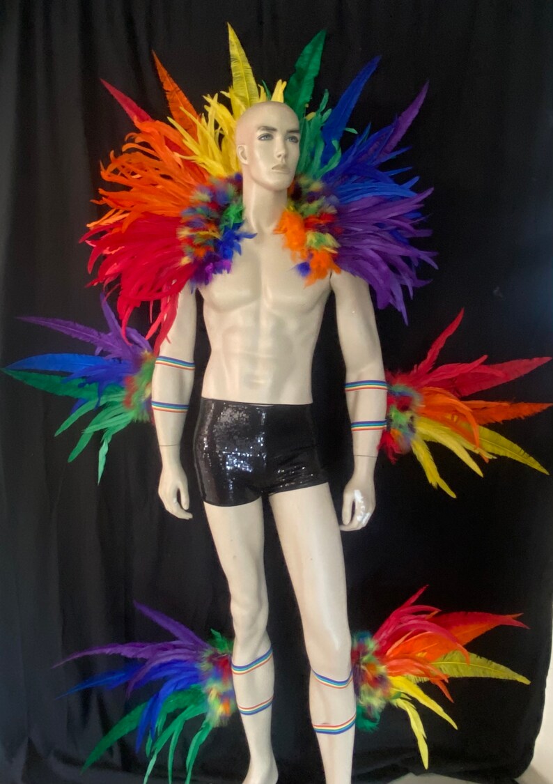 Rainbow Multicolor Feather Costume Set Headdress Collar Arms Legs ...