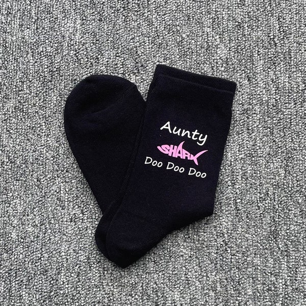 Aunty Shark Ladies Girls Navy Socks with White Vinyl Print Christmas Gift Idea Birthday Present Auntie