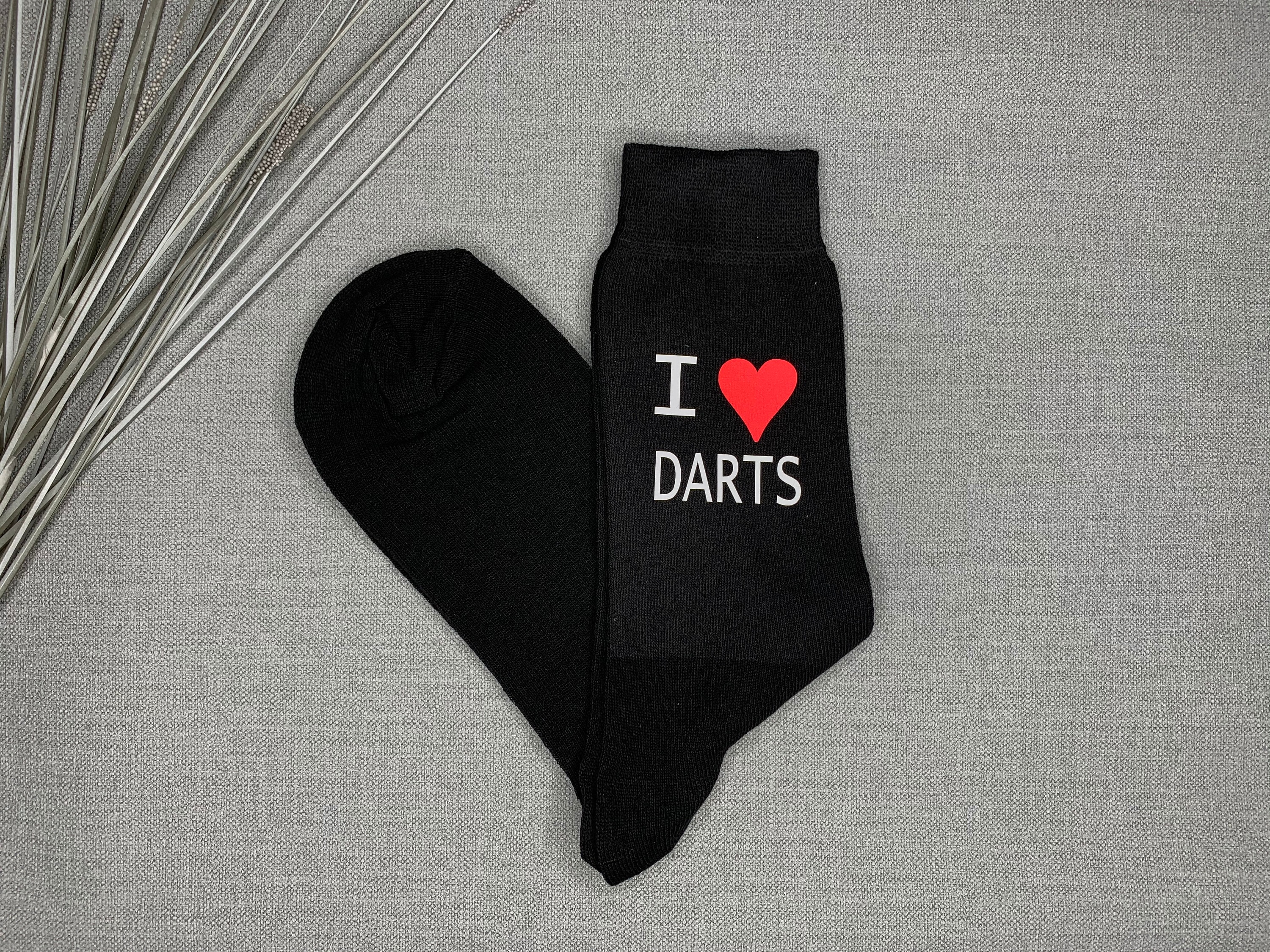 Image of I Love Darts Mens Novelty Black Socks Vinyl Printed Christmas Gift Birthday Stocking Filler Secret Santa